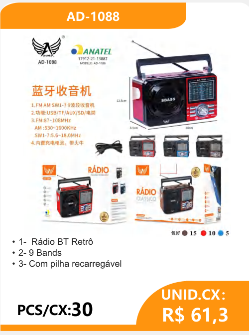 Rádio BT Retrô 9 Bandas AD-1088 - 2